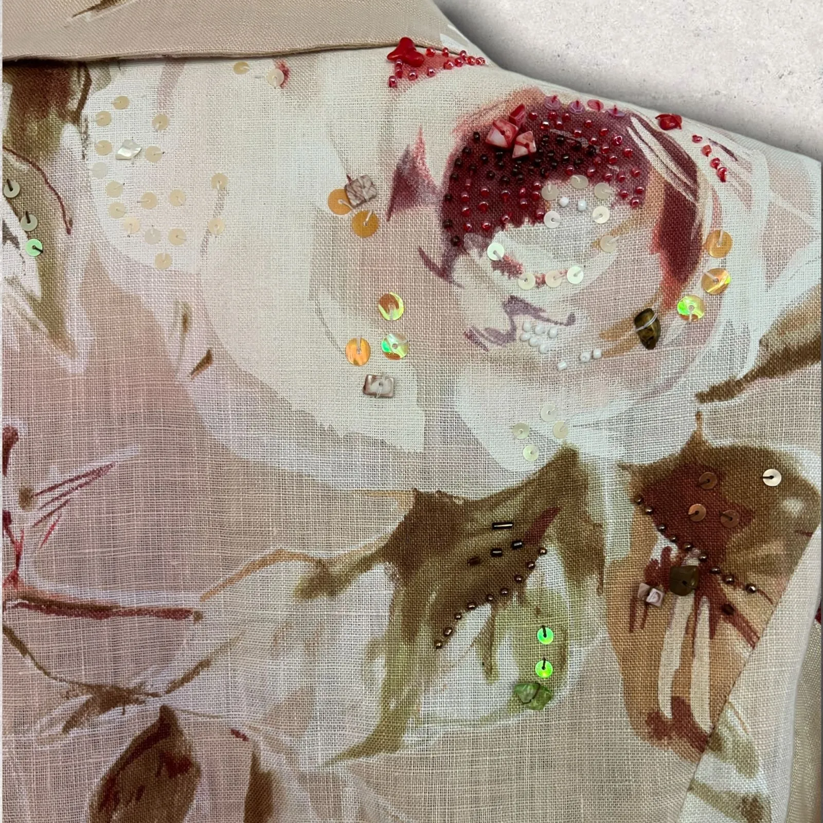 Renato Nucci Floral Cream Linen Beaded Summer Jacket UK 8 US 4 EU 36