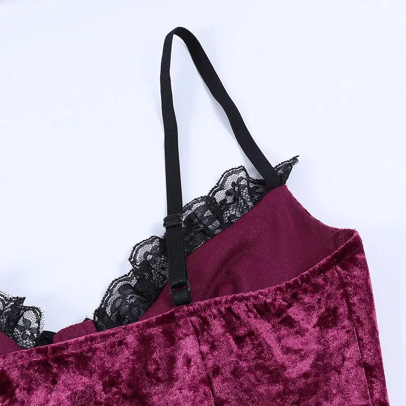 Romantic Goth Velvet Dress, Elegant Lace Trim Nightclub For Women