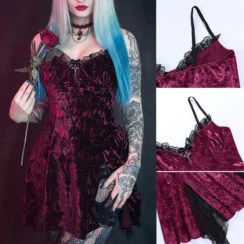 Romantic Goth Velvet Dress, Elegant Lace Trim Nightclub For Women