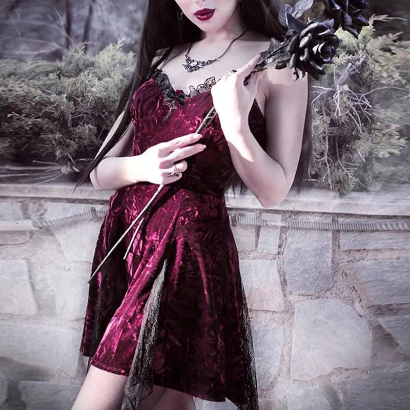Romantic Goth Velvet Dress, Elegant Lace Trim Nightclub For Women