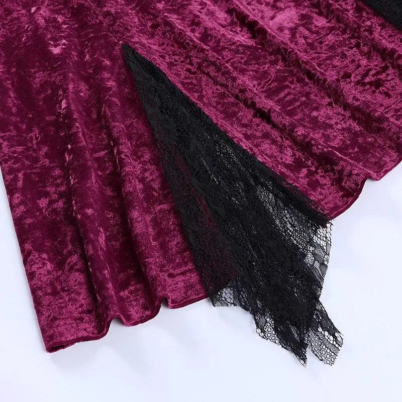 Romantic Goth Velvet Dress, Elegant Lace Trim Nightclub For Women