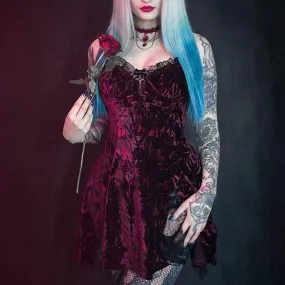 Romantic Goth Velvet Dress, Elegant Lace Trim Nightclub For Women