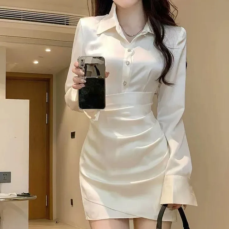 Satin Shirt Bodycon Hip-Hugging Polo Collar Dress