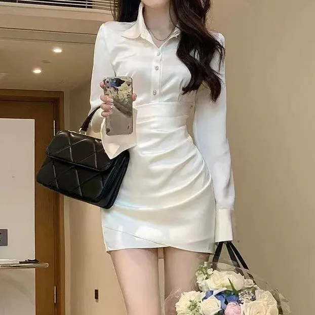 Satin Shirt Bodycon Hip-Hugging Polo Collar Dress