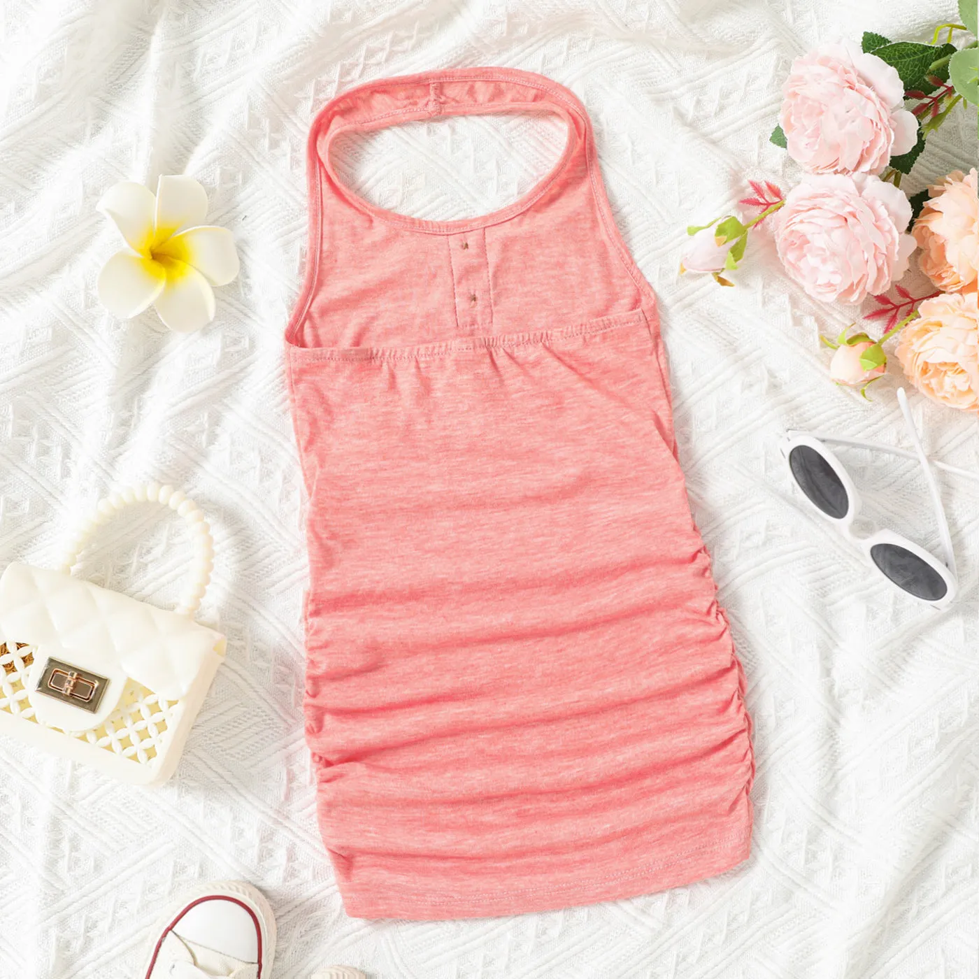 Toddler Girl Pink Halter Neck Sleeveless Ruched Bodycon Dress