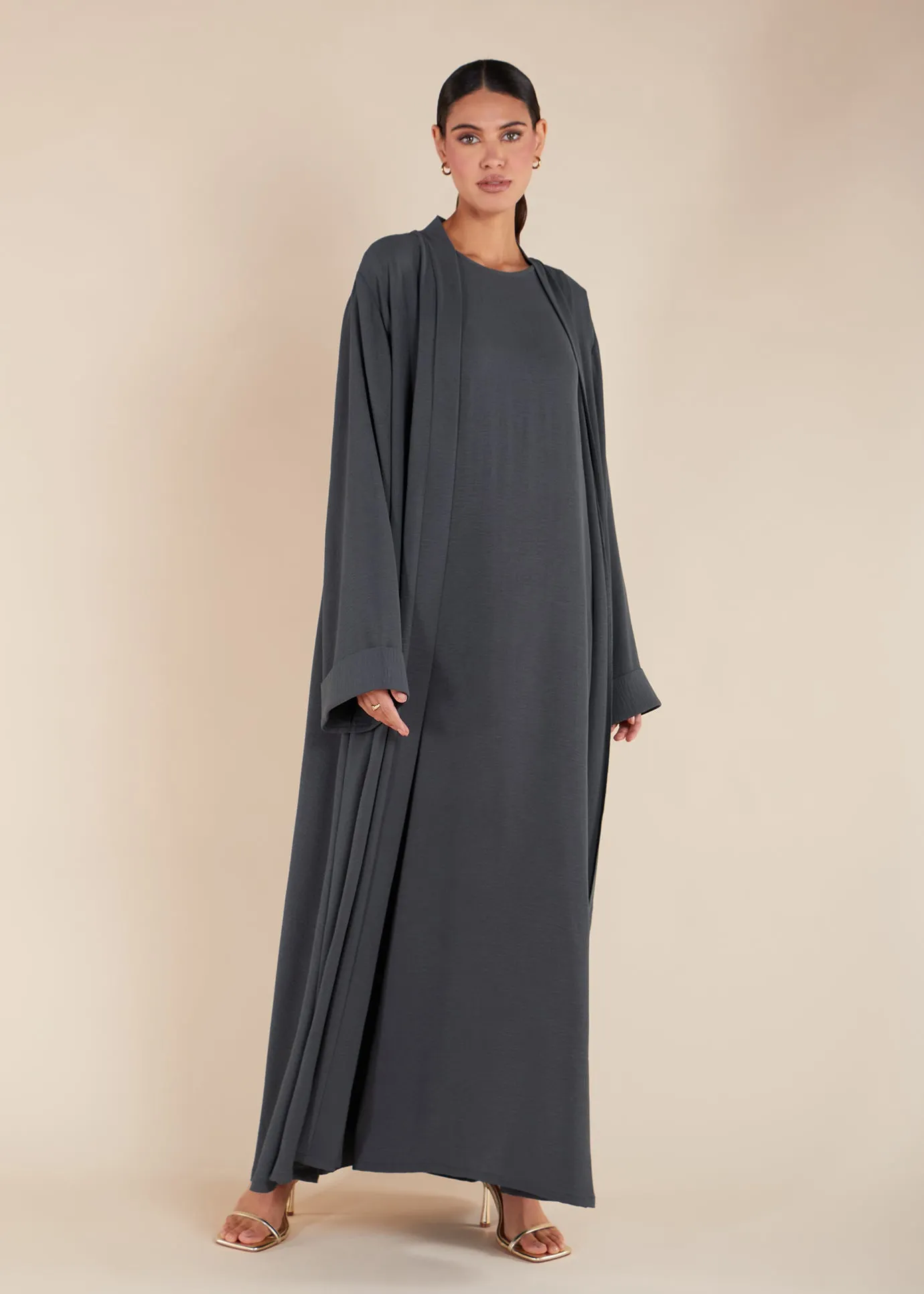 Two Piece Open Abaya with Slip Grey
