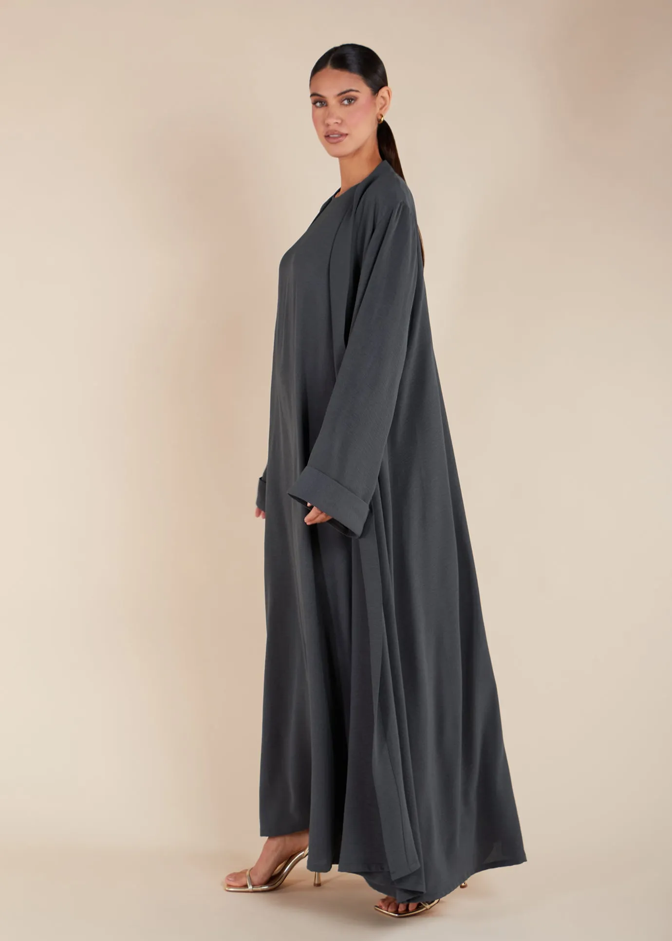 Two Piece Open Abaya with Slip Grey