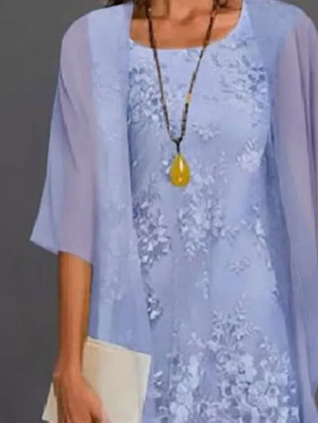 Two Piece Sheath / Column Mother of the Bride Dress Elegant Jewel Neck Tea Length Chiffon Lace Sleeveless Jacket Dresses with Appliques 2023