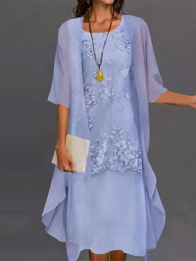 Two Piece Sheath / Column Mother of the Bride Dress Elegant Jewel Neck Tea Length Chiffon Lace Sleeveless Jacket Dresses with Appliques 2023