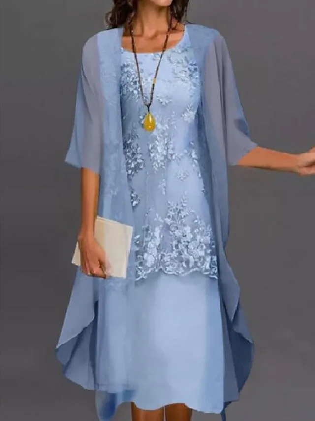 Two Piece Sheath / Column Mother of the Bride Dress Elegant Jewel Neck Tea Length Chiffon Lace Sleeveless Jacket Dresses with Appliques 2023