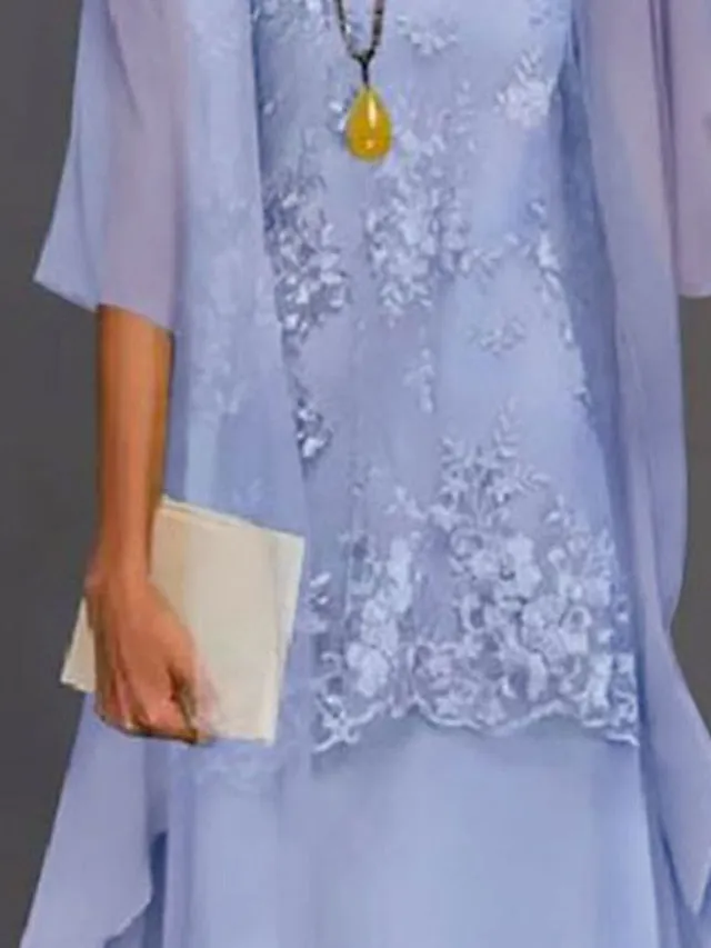 Two Piece Sheath / Column Mother of the Bride Dress Elegant Jewel Neck Tea Length Chiffon Lace Sleeveless Jacket Dresses with Appliques 2023