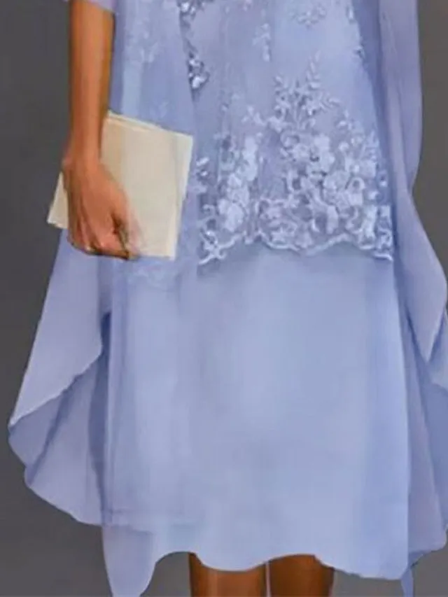 Two Piece Sheath / Column Mother of the Bride Dress Elegant Jewel Neck Tea Length Chiffon Lace Sleeveless Jacket Dresses with Appliques 2023