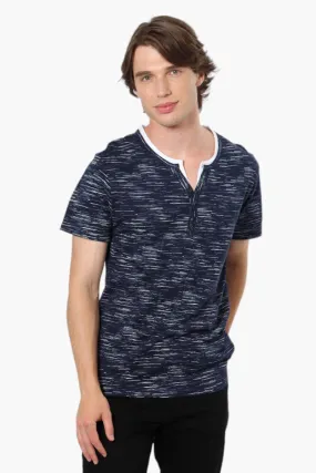 Urbanology Patterned V-Neck Henley Tee - Navy