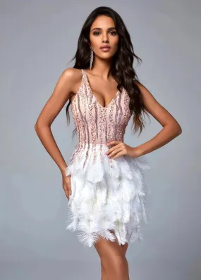 V Neck Feather Patchwork Mini Bodycon Dress