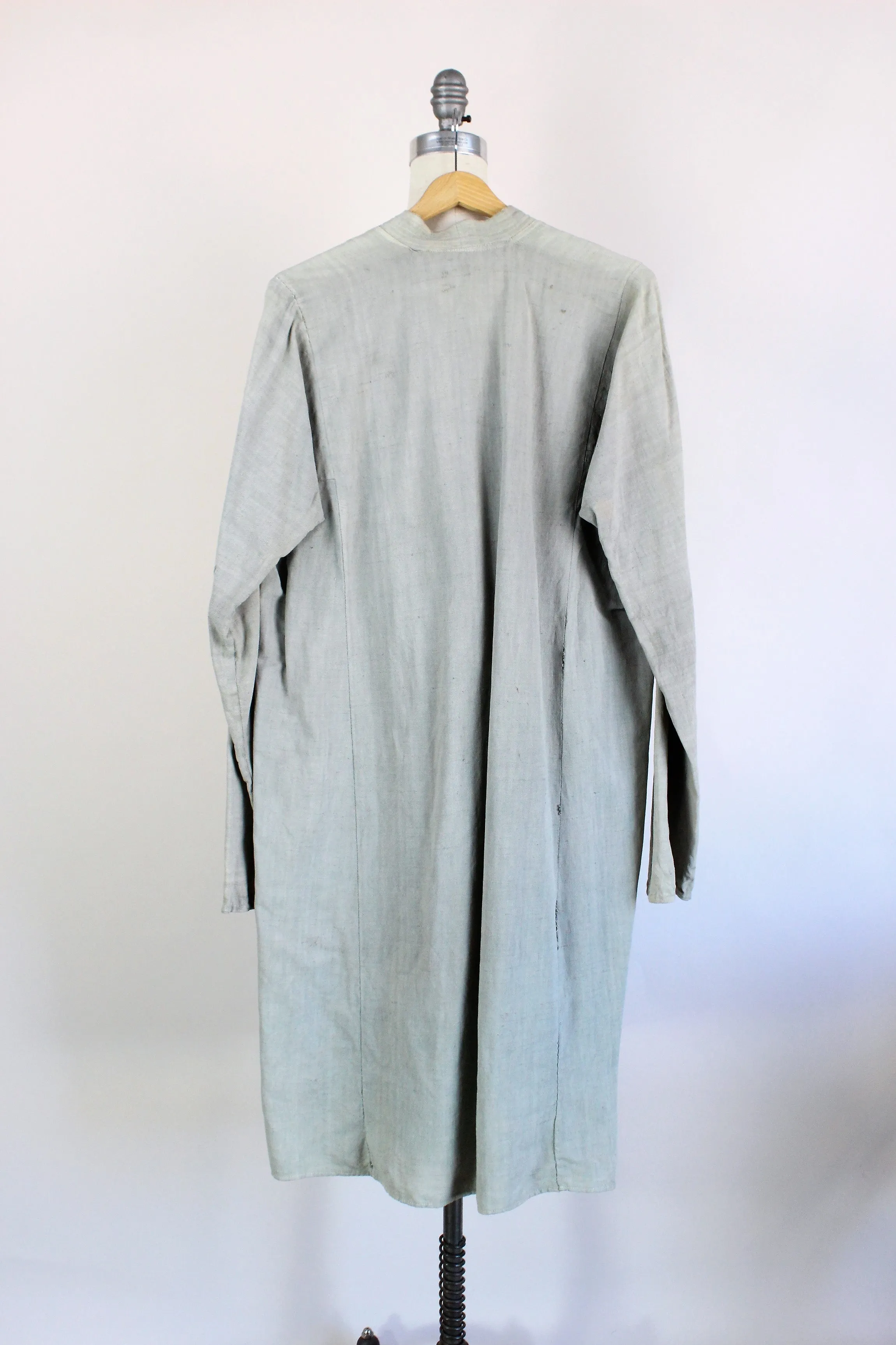 Vintage Long Oriental Shirt Or Jacket In Gray Green Linen
