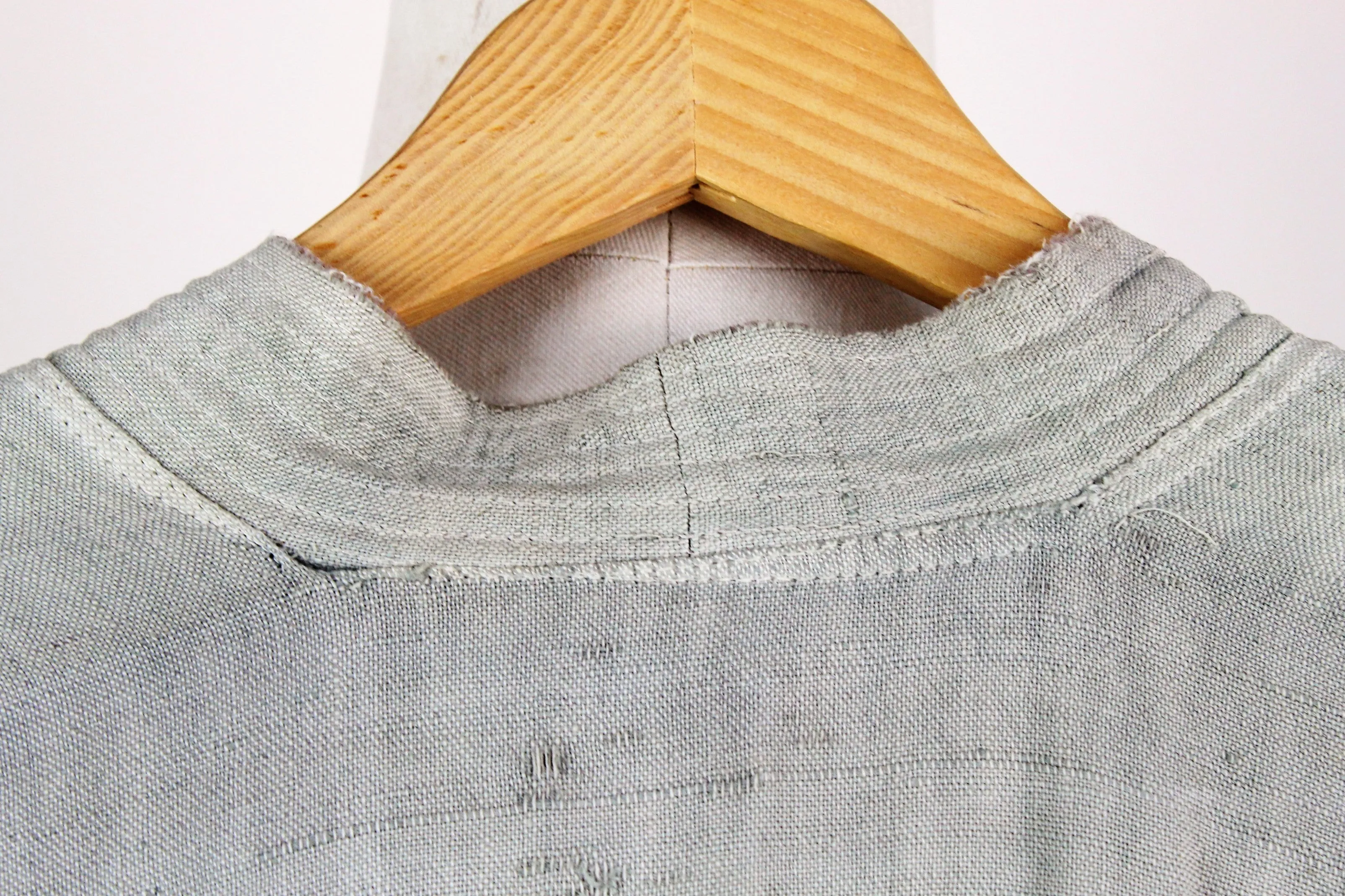 Vintage Long Oriental Shirt Or Jacket In Gray Green Linen