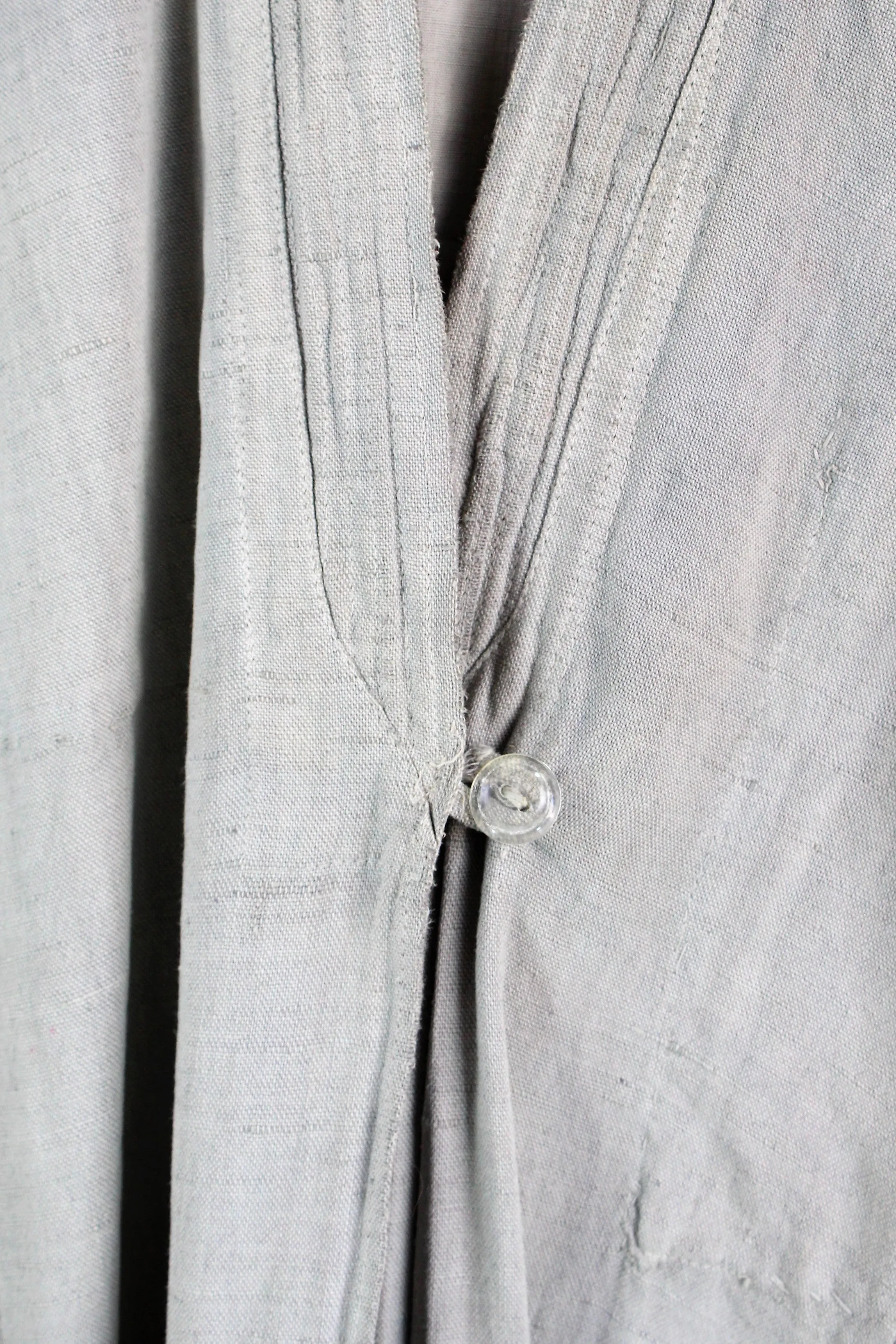 Vintage Long Oriental Shirt Or Jacket In Gray Green Linen