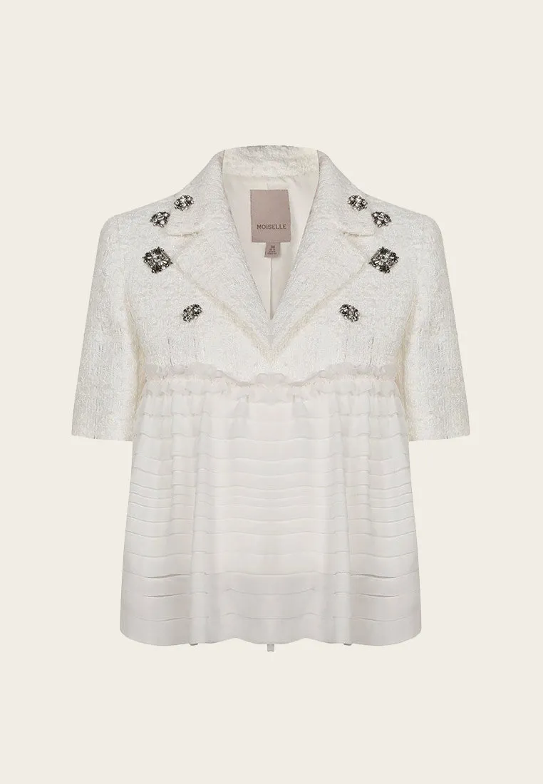 White Patchwork Rhinestone Embellished Tweed Chiffon Jacket