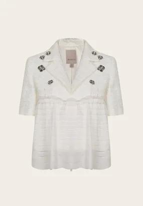 White Patchwork Rhinestone Embellished Tweed Chiffon Jacket