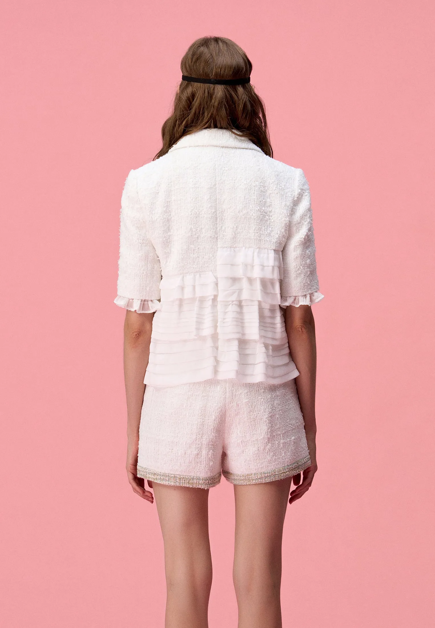 White Patchwork Rhinestone Embellished Tweed Chiffon Jacket