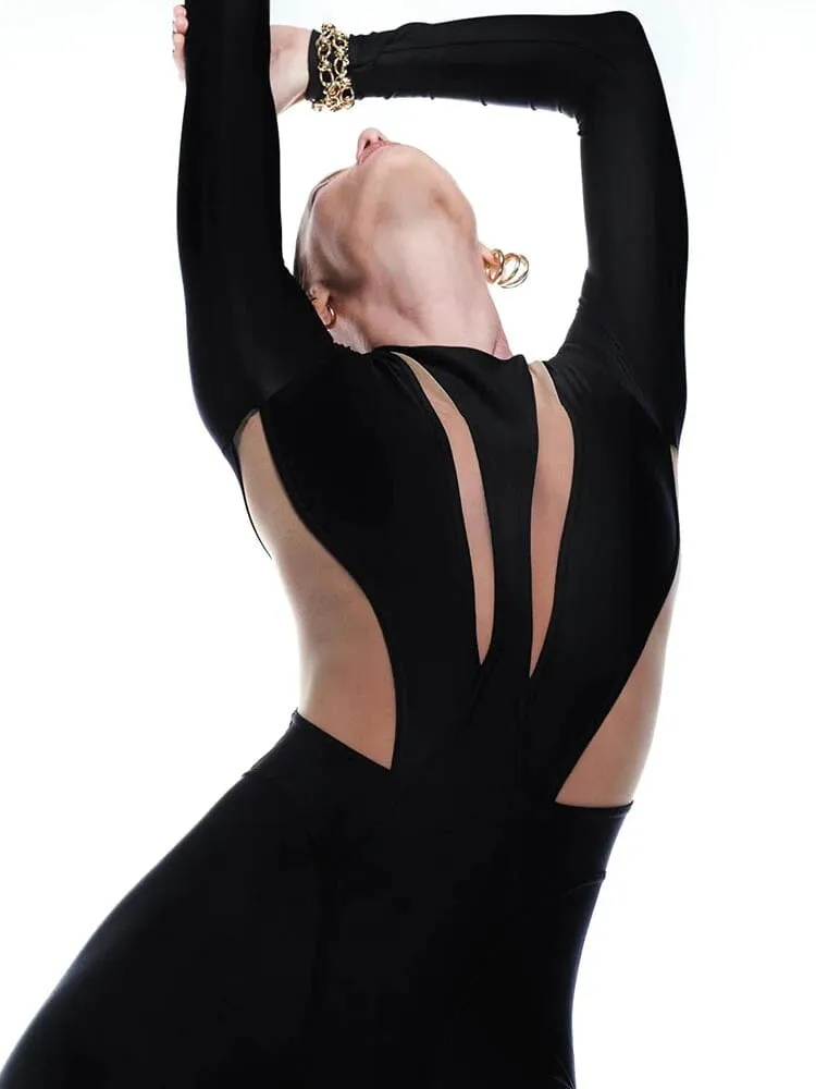 Women Black See through Sheer Mesh One piece Crew Neck Long Sleeve Streetwear Overalls Clubwear Jumpsuit_